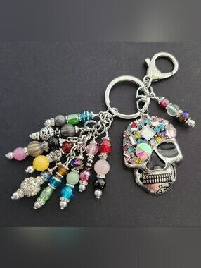 Skull Rhinestone Purse Charm or Keychain  Quartz Jasper Carnelian Handcrafted